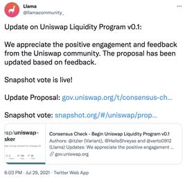 DAO财库聚合平台Llama发布有关“Uniswap流动性计划v 0.1”提案的更新_DAO:SWAP