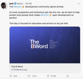 推特CEO发推宣传名为“The ? Word”计划，旨在帮助机构了解、体验与接受比特币_ACK:ORS