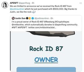石头NFT再掀风潮，孙宇晨50万美元拍下《ROCK ID 87》-ODAILY_ROC:Infinity Rocket Token
