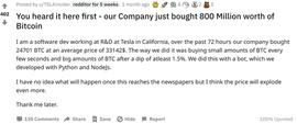 特斯拉投资比特币？Reddit上“内部人士”1个月前似已剧透_MUSK:VES