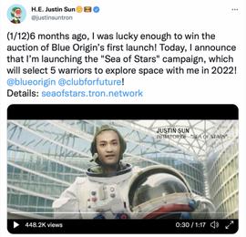 孙宇晨开启“星辰大海” “借船出海”推广太空旅行_GEN:degen币圈什么意思