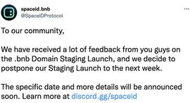 SPACE ID：bnb域名阶段性注册推迟至下周_SPACE:SYN